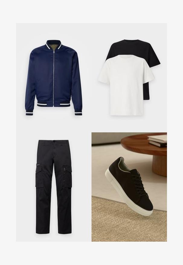 Námořnická bombarďáková bunda vyrobená z hladkého materiálu; má bílé a námořnické pruhované manžety a límec, přední zip a boční kapsy.; Sada bavlněných triček, která obsahuje černé a bílé tričko, obě s krátkým rukávem, kulatým výstřihem a standardním střihem. Texturovaná látka.; Černé cargo kalhoty s několika kapsami, zipovou kapsou na stehnu, přímým střihem a pevnou bavlněnou tkaninou s lehkým leskem.; Černé tenisky s bílou podrážkou plující nad béžovým texturovaným kobercem poblíž kulatého dřevěného stolu se stohovanými knihami.