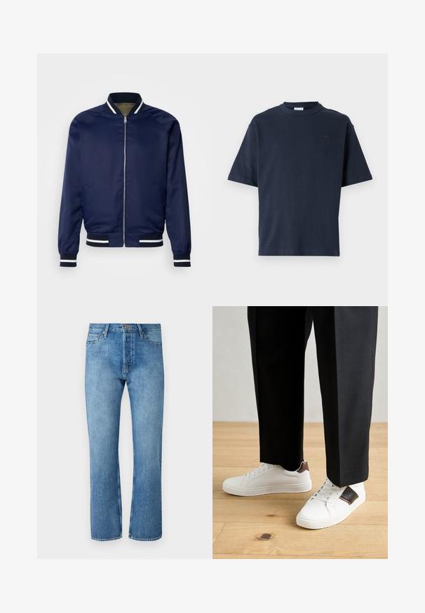 Marine bomberjack gemaakt van gladde stof; heeft witte en marine gestreepte manchetten en kraag, een ritssluiting aan de voorkant en zijzakken.; Marineblauwe t-shirt met korte mouwen van katoen. Heeft een ronde hals en een subtiele logo op de borst. Recht gesneden ontwerp zonder patronen.; Lichtblauwe denimjeans met een recht model, voorzien van een klassieke vijf-pocketontwerp, een knoopsluiting en contrasterende stiksels.; Witte sneakers met een gladde textuur, voorzien van bruine lederen accenten en zwarte details, gecombineerd met zwarte maatpakken. Achtergrond van houten vloeren.