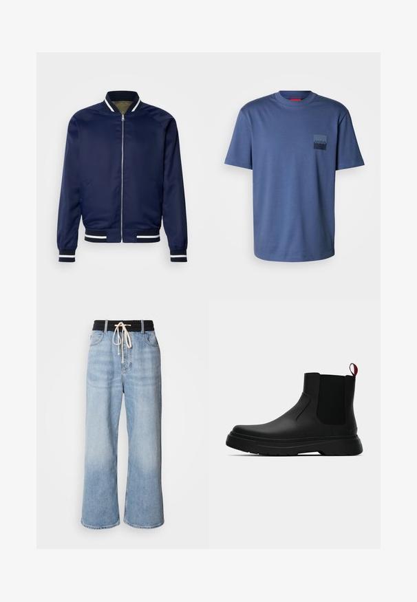 Chaqueta bomber de la marina hecha de un tejido suave; cuenta con puños y cuello a rayas blancas y marinas, cierre frontal con cremallera y bolsillos laterales.; Camiseta de manga corta azul, hecha de suave algodón, con un bolsillo cuadrado que lleva un logo azul oscuro. Diseño clásico de cuello redondo.; Jeans de pierna ancha de color azul claro con una cinturilla elástica negra, que cuentan con un cierre de cordón y un diseño clásico de cinco bolsillos.; Botín negro con un acabado liso, paneles laterales elásticos y una lengüeta de tirón roja contrastante, que presenta una suela de goma gruesa y punta redondeada.