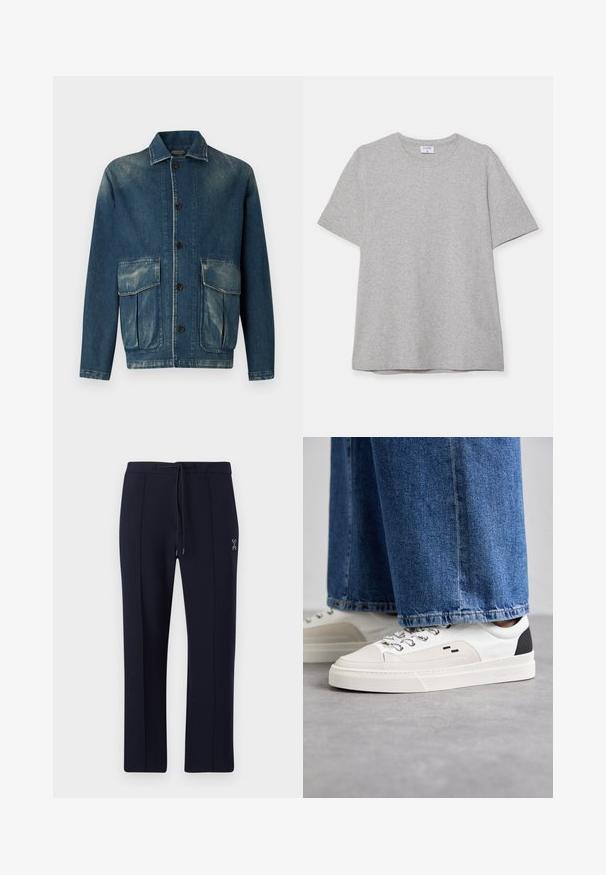 Jeansjacka i mörkblått med en blekt finish. Har krage, knäppning framtill och två framfickor.; Grå t-shirt med kort ärm gjord av mjukt, texturerat tyg. Har en klassisk rund halsringning och en rak nederkant, lämplig för avslappnad klädsel.; Marina byxor med avslappnad passform, featuring en dragsko i midjan och sidofickor. Slät tyg med subtila frontveck och logodetalj.; Vita och svarta sneakers med en slät läderöverdel, texturerade detaljer och en kraftig vit sula. Har en klassisk snörningsdesign.