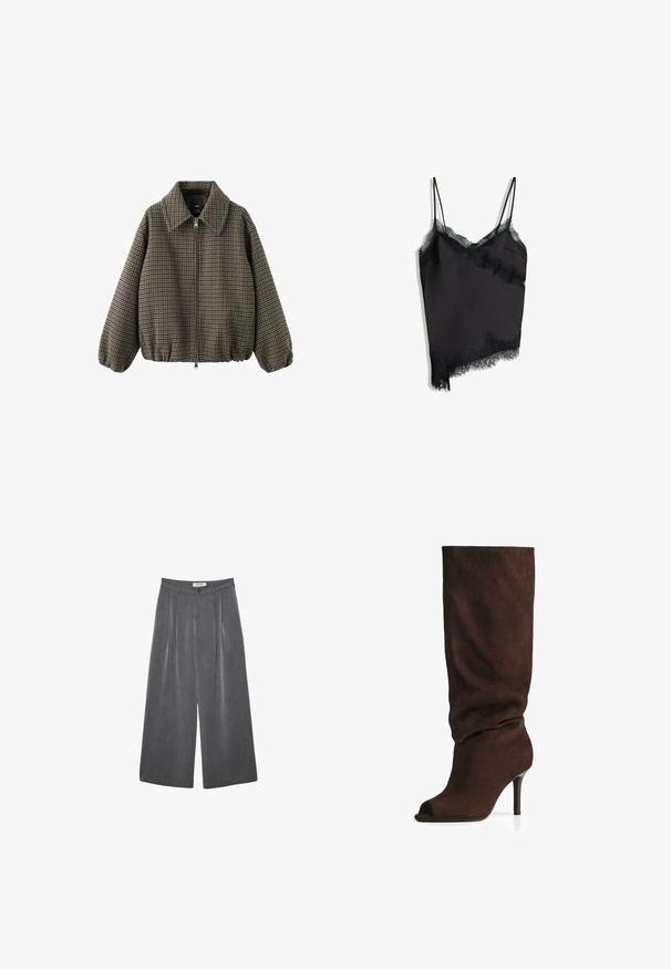 Braune Bomberjacke im Hahnentrittmuster mit Kragen, Reißverschluss vorne und elastischen Bündchen sowie Saum. Aus gewebtem Stoff gefertigt.; Schwarzes Seiden-Camisole mit zarter schwarzer Spitze entlang des Ausschnitts und asymmetrischem Saum; verfügt über dünne verstellbare Träger.; Faltenhose mit weitem Bein aus einem dunkelgrauen Stoff mit subtiler Textur. Verfügt über einen Knopfverschluss und ein klassisches Design des Bunds.; Dunkelbraune Wildleder-Kniehohe Stiefel mit lockerem Schaft, offener Zehenpartie und schlankem hohen Absatz, fotografiert vor weißem Hintergrund.