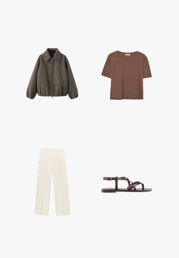 Bruine bomberjack in houndstoothpatroon met een kraag, ritssluiting aan de voorkant en elastische manchetten en zoom. Gemaakt van geweven stof.; Korte mouwen T-shirt in bruin, gemaakt van een zachte stof, met een ronde halslijn en een relaxte pasvorm. Geen zichtbare patronen of accenten.; Wijdgevallen broeken in een lichtcrème kleur. Gemaakt van een zachte stof met plooien aan de voorkant en zijzakken.; Bruine leren sandaal met kruisingen van banden, een enkelgesp-sluiting en een platte zool met minimale stikdetails.