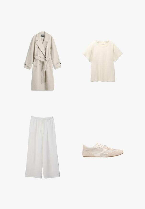 Dlhý béžový vlnený kabát s opaskom, širokými chlopňami, dvojradovými gombíkmi a gombíkovými manžetami, vystavený rovno na bielom pozadí.; Svetlo béžové tričko s krátkym rukávom a okrúhlym výstrihom, vyrobené z jemnej, hladkej tkaniny. Má voľný strih a rovný lem.; Biele široké nohavice z ľahkého materiálu s elastickým pásom a šnúrkou na nastavenie veľkosti. Hladká textúra.; Béžová teniska kombinujúca sieťovanú a semišovú textúru, s okrúhlou špičkou, šnurovaním vpredu a plochou gumovou podrážkou.
