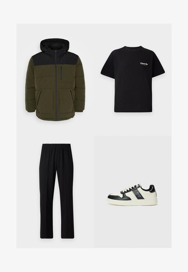 Puffer jacket in dark olive green and black. Features a hood, zippered front, two front pockets, and a chest pocket. Textured fabric with horizontal seams.; Black cotton t-shirt featuring a crew neckline, short sleeves, and small white logo text on the left chest. Simple design, classic fit.; Black, elastic-waist trousers with a straight-leg design, featuring a smooth texture and no visible patterns or hardware.; Leather sneakers with a black and cream color scheme, featuring perforated accents, a padded collar, and a textured outsole.