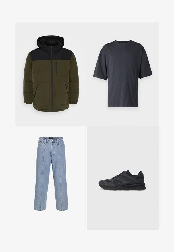 Kurtka puchowa w ciemnym olivowym ziele i czarnym. Posiada kaptur, zamek błyskawiczny z przodu, dwie kieszenie z przodu i kieszeń na piersi. Teksturowany materiał z poziomymi szwami.; Ciemnoszara koszulka z krótkim rękawem wykonana z lekkiej bawełny, posiadająca luźny krój i klasyczny okrągły dekolt, o gładkiej fakturze i bez wzorów.; Jasnoniebieskie dżinsy o luźnym kroju, szerokich nogawkach i widocznych detalach szwów. Posiadają zapięcie na guzik i zamek błyskawiczny oraz pięć kieszeni.; Replay ARTHUR ATOM czarny