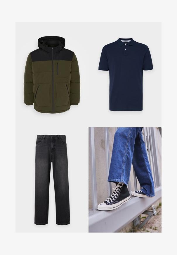 Nafukovací bunda v tmavě olivově zelené a černé barvě. Má kapuci, zip na přední části, dvě přední kapsy a náprsní kapsu. Texturovaná látka s horizontálními švy.; Námorně modré polo triko s krátkým rukávem vyrobené z bavlny, s límečkem a třemi tlačítky a jemnými vodorovnými pruhy na límečku.; Tmavě šedé džíny z denimu s rovnými nohavicemi, obsahující zipový klzip, pět kapes a jemné vybledlé detaily na látce.; Černé vysoké tenisky s bílou podrážkou a tkaničkami, v kombinaci s volnými modrými džíny, odpočívající na šedém zábradlí.