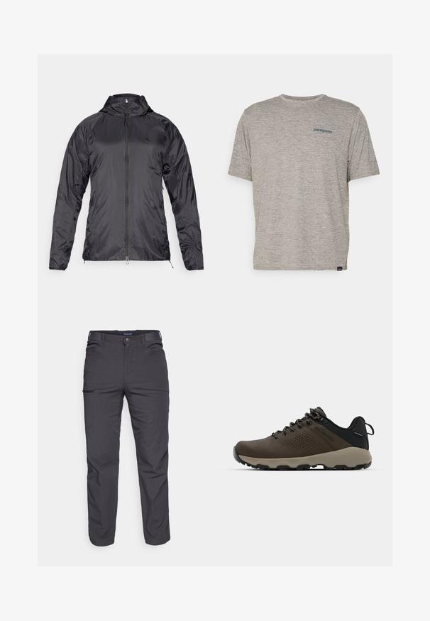 Lichte zwarte jack met capuchon, ritsluiting en lange mouwen. Gemaakt van glanzend, gestructureerd materiaal, met een logo op de borst.; Grijze T-shirt met korte mouwen, gemaakt van zachte, gestructureerde stof, met een klein blauw Patagonia-logo op de linkerkant van de borst. Geen extra patronen.; Donkergrijze broek van duurzaam materiaal, met een ritssluiting zak, rechte snit en lussen voor een verstelbare pasvorm.; Bruine waterdichte sneakers met een gestructureerde bovenkant, geperforeerde accenten, zwarte hielsteun en een grijze rubberen zool. De veters zijn voorzien van metalen uiteinden.