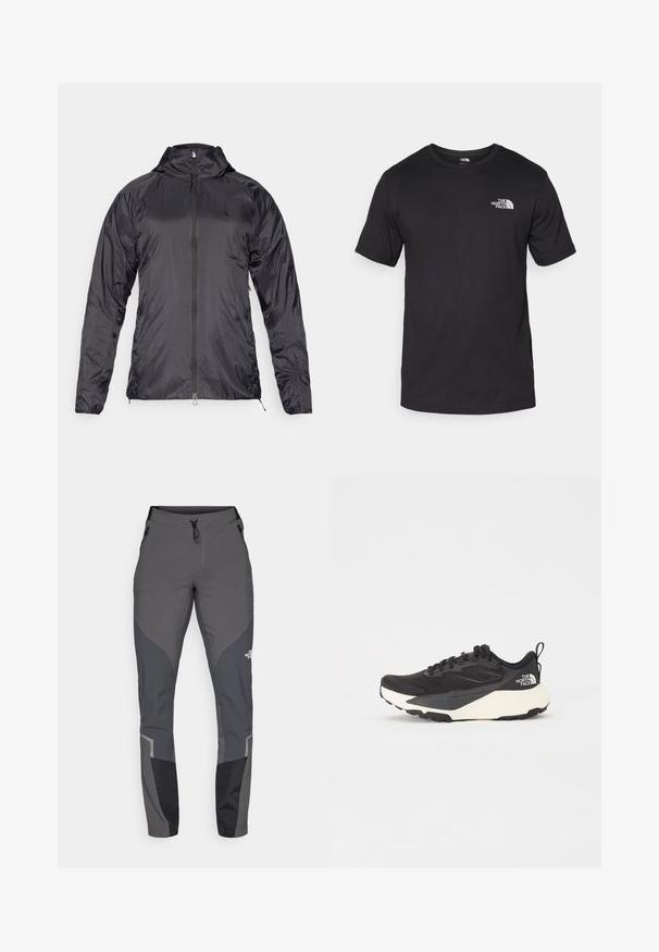 Giubbotto nero leggero con cappuccio, chiusura zip e maniche lunghe. Realizzato in materiale lucido e testurizzato, con un logo sul petto.; T-shirt nera a maniche corte in cotone, con scollatura rotonda e un piccolo logo bianco nell'area superiore sinistra del petto.; Pantaloni da trekking grigi con design affusolato, molteplici tasche e accenti di contrasto grigio scuro e nero. Realizzati in un materiale flessibile e resistente.; Scarpa da allenamento nera con tomaia in mesh testurizzato, dettagli neri solidi e suola leggera bianca. Presenta chiusura con lacci e un tab di pull.