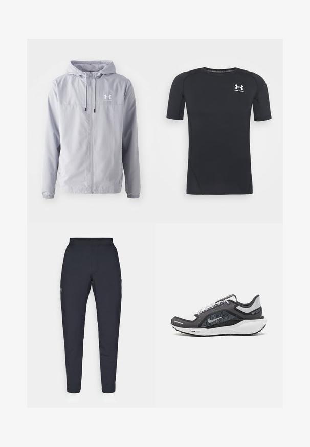 Světle šedá bunda s kapucí na zip, elastickými manžetami a prodyšnou síťovinou uvnitř. Na horní levé straně se nachází bílé logo.; Černé sportovní tričko s krátkým rukávem vyrobené z materiálu odvádějícího vlhkost a pružného tkaniny. Má kulatý výstřih a malé bílé logo na prsou.; Černé sportovní kalhoty s hladkou texturou, slim fit, elastickým pasem a bočními kapsami. Na levém stehně je umístěno malé logo.; Černá a šedá sportovní obuv s vrškem z prodyšné síťoviny, reflexními akcenty a bílou mezipodešví. Obsahuje texturovanou gumovou podrážku a tkaničky.