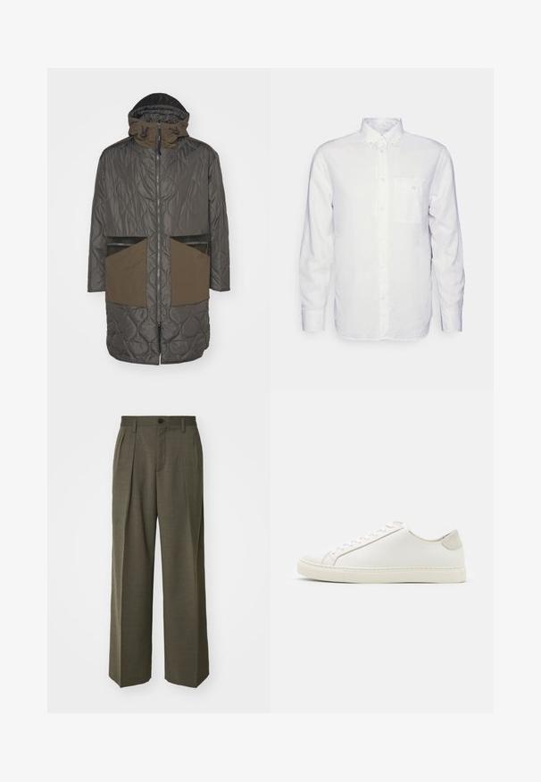 ASPESI PARKA CHAZ - Parka - military; Long-sleeve white shirt made of cotton, featuring a button-down collar, front pocket, and regular fit. Textured fabric with a smooth surface.; Filippa K WIDE TROUSERS - Trousers - driftwood; White leather sneaker with a smooth surface, round toe, and minimalistic design. Features beige accents on the heel and a rubber sole.