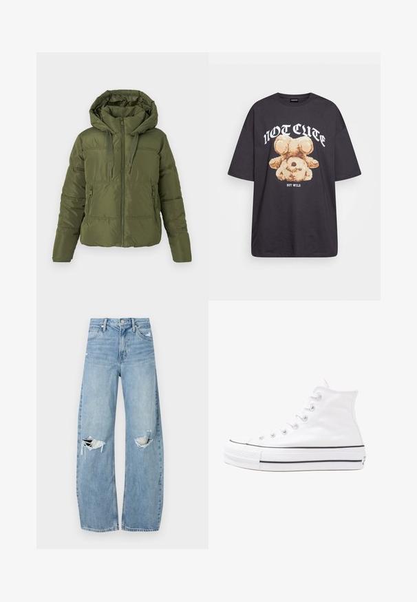 Olive green puffer jacket with attached hood, front zipper, drawstring cords, and zippered side pockets, designed for cold weather.; Black oversized t-shirt featuring a graphic of a bear with the text “NOT CUTE BUT WILD” in bold, white lettering. Cotton material.; Light blue, high-waisted jeans made of denim. Feature wide legs, two torn knee areas, and classic five-pocket styling.; White high-top canvas sneaker with black rubber sole, front rubber toe cap, and six eyelets for laces, featuring a clean, minimalist design.