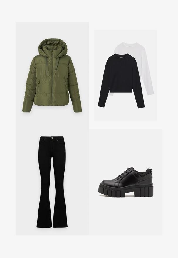 Tamsiai žalia pūkinė striukė su integruota kapišonu, priekiniai užtrauktukai, reguliuojamos virvelės ir užtrauktukais užsegamos šoninės kišenės, skirtos šaltam orui.; Du dušo ilgomis rankovėmis marškiniai: vieni juodi, kiti balti. Abu marškiniai turi apvalų iškirpimą, raglan tipo rankoves ir minkštą medvilnės mišinio audinį.; Juodos aukšto liemens džinsai su mygtuku ir užtrauktuku, priekinėmis kišenėmis ir platėjančiomis kojomis, išdėstyti ant baltos fono.; Juodi odiniai platformos batai su masyviu blokuota kulniuku, apvalia nosimi ir tradiciniu šnypštimo dizainu. Turintys glotnų paviršių ir minimalų dekoravimą.