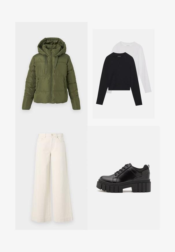 Olivgrüner Pufferjacke mit abnehmbarer Kapuze, Frontreißverschluss, Kordelzug und seitlichen Reißverschlusstaschen, entworfen für kaltes Wetter.; Zwei langärmelige Hemden: eines schwarz und eines weiß. Beide haben einen Rundhals, Raglanärmel und bestehen aus einem weichen Baumwollmischgewebe.; Weite, hellbeige Jeanshose mit hoher Taille, zwei vorderen Taschen, Knopfverschluss und dezenten Nähten.; Schwarze Lederplateauschuhe mit klobigem Blockabsatz, runder Zehenpartie und traditionellem Schnürdesign. Verfügt über eine glatte Textur und minimale Details.