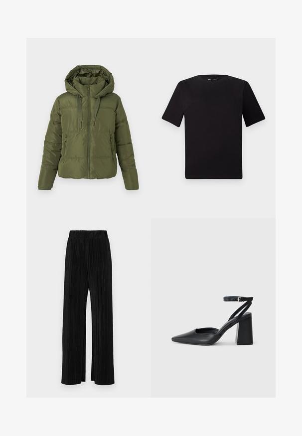 Olive green puffer jacket with attached hood, front zipper, drawstring cords, and zippered side pockets, designed for cold weather.; Black short-sleeve t-shirt with a round neckline, crafted from soft cotton fabric. Simple design, no visible logos or patterns.; Black pleated trousers with an elastic waistband. Features wide legs and a smooth, textured fabric with vertical stripes.; Black leather pointy-toe pump with an ankle strap and a chunky heel. Flat texture, sleek design, and minimalistic aesthetics.