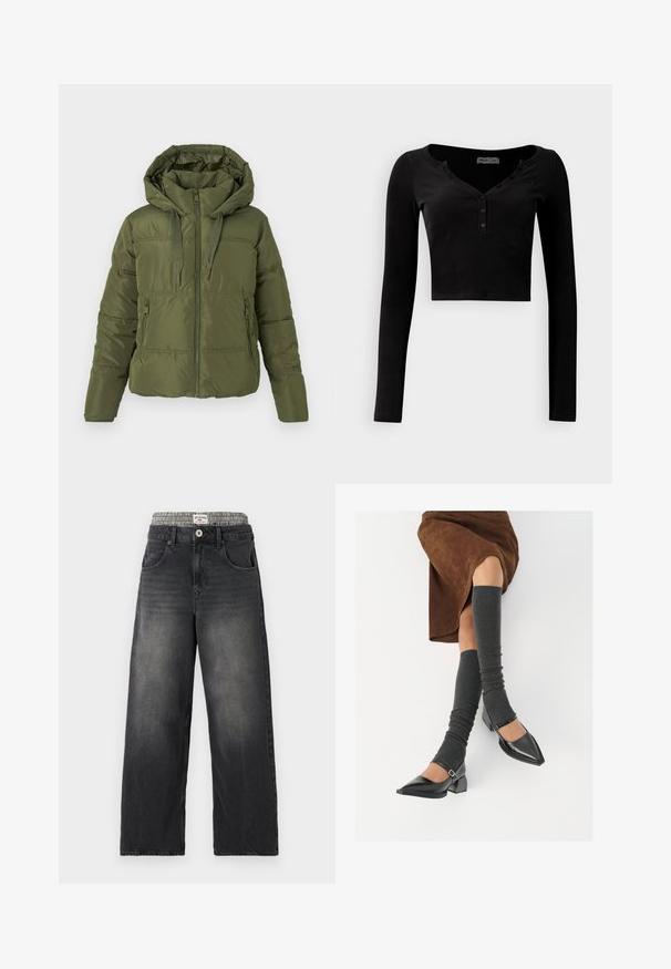 Olive green puffer jacket with attached hood, front zipper, drawstring cords, and zippered side pockets, designed for cold weather.; Black cropped long-sleeve top made of ribbed fabric, featuring a V-neckline and three-button placket at the front.; Black denim wide-leg jeans with a houndstooth patterned waistband. Features include front pockets and a button closure. Distressed texture.; Black patent leather pointed-toe shoes with a block heel and ankle strap, paired with gray ribbed leg warmers and a brown suede skirt.