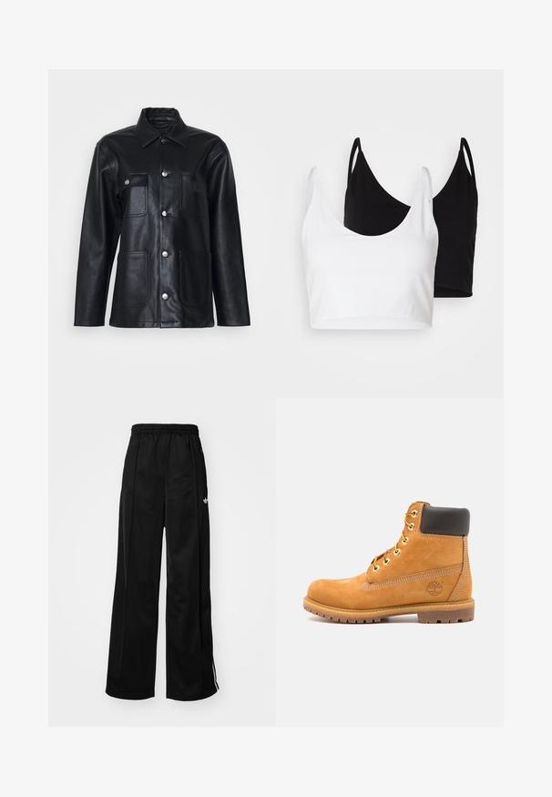 Veste en cuir noir avec un col, fermeture par boutons sur le devant, deux poches poitrine et deux poches inférieures. Présente des accents en métal argenté.; Deux tops courts en coton, l'un blanc et l'autre noir. Chacun a un décolleté plongeant et des fines bretelles, offrant une texture lisse et douce.; Pantalons de survêtement larges noirs avec une taille élastique, ornés de bandes latérales blanches et d'un petit logo sur la hanche gauche. Texture de tissu lisse.; Bottine en cuir marron avec rembourrage noir, œillets dorés et semelle texturée. Présente un logo circulaire sur le côté et des accents de couture.