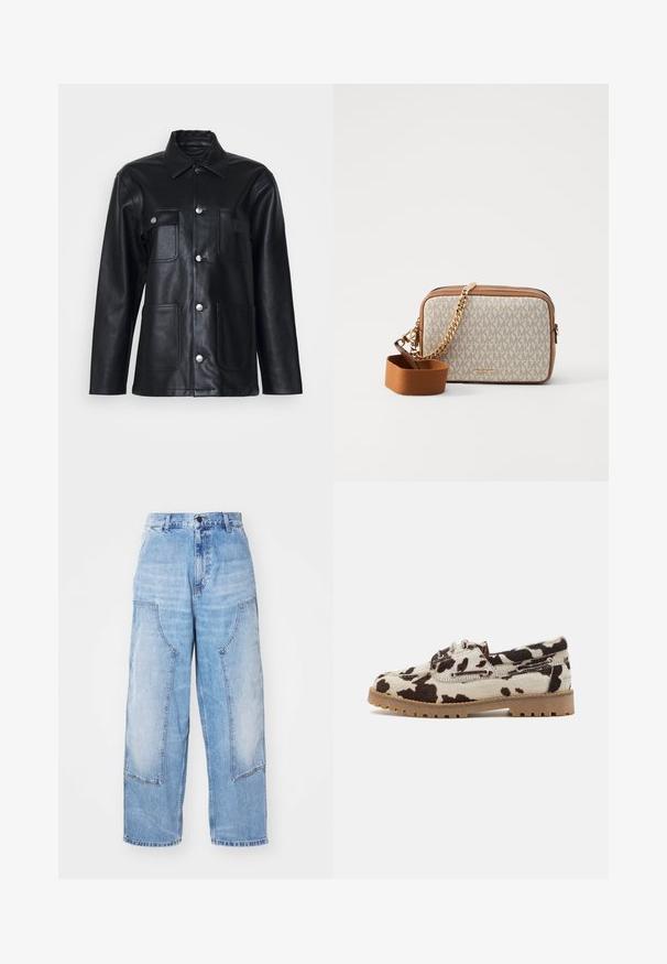 Giacca di pelle nera con colletto, chiusura frontale con bottoni, due tasche sul petto e due tasche inferiori. Presenta dettagli in metallo argentato.; Canotta bianca a costine con un logo ricamato nero centrato sul petto. Il colletto e le aperture delle braccia sono rifiniti con un sottile bordino.; Pantaloni ampi in denim azzurro chiaro con due grandi tasche anteriori, chiusura a bottone e leggere sfumature. Dettagli cuciti sulle tasche.; Scarpe con motivo di pelle di mucca caratterizzate da una base crema con macchie marrone scuro, realizzate con suola in gomma e dettagli con lacci.; Borsa a tracolla con un tessuto crema caratterizzato da un motivo a logo MK ripetuto, dettagli in pelle marrone e una tracolla in oro con una cinghia marrone staccabile.
