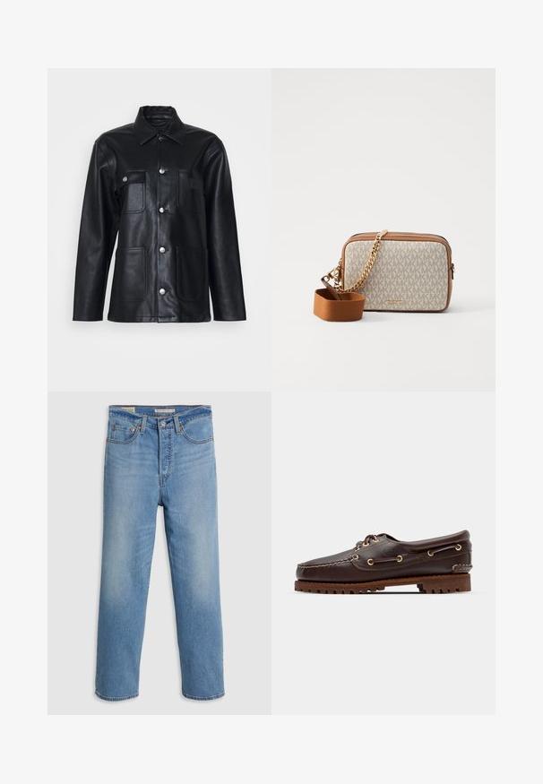 Veste en cuir noir avec un col, fermeture par boutons sur le devant, deux poches poitrine et deux poches inférieures. Présente des accents en métal argenté.; Polo à manches longues navy avec des rayures verticales blanches, un col classique et un devant à boutons. Silhouette ajustée avec des poignets côtelés.; Jeans en denim bleu clair à jambes droites avec poches avant, passants de ceinture et fermeture à bouton sur fond uni.; Bateau en cuir marron avec des œillets dorés, des lacets ronds et une semelle en caoutchouc marron texturée. Présente des détails de couture et un logo en relief.; Sac bandoulière en tissu crème avec un motif répété de logo MK, ornements en cuir marron et une bandoulière en chaîne dorée avec une sangle marron amovible.