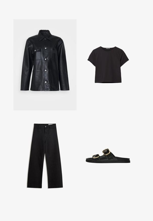 Giacca di pelle nera con colletto, chiusura frontale con bottoni, due tasche sul petto e due tasche inferiori. Presenta dettagli in metallo argentato.; Top corto a maniche corte nero, realizzato in un tessuto morbido, con scollo rotondo e una vestibilità comoda con orlo pulito.; Pantaloni in denim neri a gamba larga con vita alta, dotati di tasche anteriori e posteriori, cuciture a punto, e chiusura con bottone. Texture liscia.; Infradito neri con due accenti di fibbia dorata, materiale dalla texture liscia, suola piatta e design minimalista.