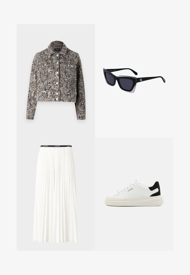 Κοντό τζάκετ από τζιν με σχέδιο από φίδι, διαθέτει γιακά, μακριά μανίκια, δύο τσέπες στο στήθος και ασημένια κουμπιά. Τα χρώματα περιλαμβάνουν μπεζ και σκούρο καφέ.; Μπλούζα φανέλα από βαμβάκι με οριζόντιες ναυτικές ρίγες σε λευκό φόντο. "Tommy Hilfiger" κεντημένο με καλλιγραφικά γράμματα στο στήθος. Στρογγυλή λαιμόκοψη.; Κοντή πλισέ λευκή φούστα με μαύρη ελαστική ζώνη που φέρει το λογότυπο "LACOSTE". Σχεδίαση μεσαίου μήκους με μαλακή υφή.; Λευκά δερμάτινα αθλητικά παπούτσια με χοντρή λευκή σόλα, μαύρη σουέτ λεπτομέρεια στην φτέρνα και ανάγλυφο λογότυπο στο πλάι. Σχέδιο με κορδόνια και έξι θηλιές.; Μαύρα υπερμεγέθη γυαλιά ηλίου με γεωμετρικό σχήμα, διαθέτοντας σκούρους φακούς και αντίθεση γκρίζα λεπτομέρεια στη σκελετό. Λογότυπο στον βραχίονα.