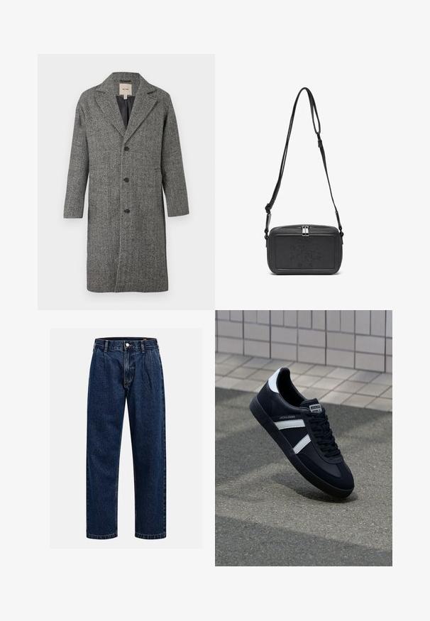 Hahnentrittmuster-Mantel in Schwarz und Grau mit Reverskragen, einreihiger Knopfleiste mit drei Knöpfen und seitlichen Taschen.; Cremfarbendes Baumwoll-T-Shirt mit kurzen Ärmeln und Rundhalsausschnitt. Verfügt über einen grafischen Druck in Blau und Rot mit Text und Motiv.; Dunkelblaue Denim-Jeans mit geradem Bein. Mit sichtbaren Nähten, einem Knopfverschluß und Frontfalten für zusätzliche Details.; Schwarze Leder-Sneaker mit weißen Streifen, strukturiertem Gummisohle und Schnürung. Verfügt über ein Markenetikett auf der Zunge.; Schwarze Leder-Crossbody-Tasche mit einem Reißverschluss, geprägtem Logo auf der Vorderseite und verstellbarem Riemen. Glatte Textur mit rechteckiger Form.