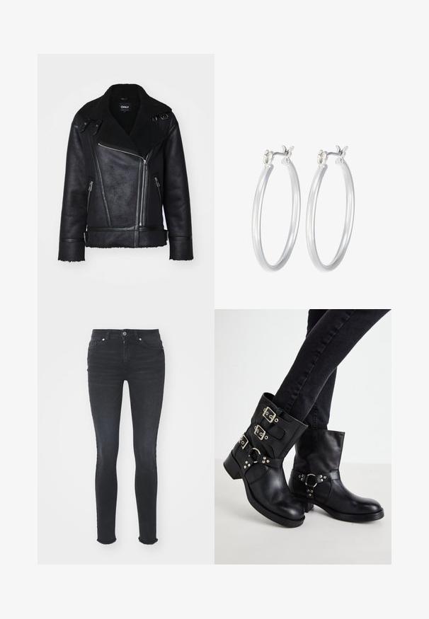 ONLY ONLBETTY BONDED OVERSIZED AVIATOR - Giacca invernale - black; Bodysuit nero a maniche lunghe con collo alto, caratterizzato da un tessuto solido sul torso e maniche in rete trasparente, progettato con una forma aderente.; Jeans skinny in denim nero con vita media, cinque tasche e orlo sfilacciato. Il tessuto ha una texture liscia con leggero elastico.; Stivaletti neri in pelle con tre fibbie decorative, punta rotonda e tacco basso a blocco. Il design presenta pannelli lisci e testurizzati.; Orecchini a cerchio in argento con una finitura liscia e lucida. Forma rotonda e chiusura a scatto sicura. Design leggero adatto per l'uso quotidiano.