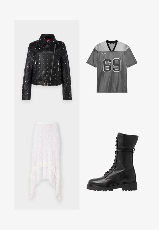 Črna usnjena jakna s srebrnimi žebljički, pod kotom zaprta zadrga, dvema žepoma z zadrgo, pasom in klasičnim ovratnikom.; Siva športna jersy iz sijočega mrežastega materiala. Ima črn V-izrez, veliko belo številko 69 in tri bele zvezde na zgornji levi strani.; Čipkast beli krilo z teksturiranim cvetličnim vzorcem, asymetričnim robom in nagubanimi detajli na dnu, z elastičnim pasom.; Črne usnjene vojaške škornje s teksturirano površino, do kolen, s vezanjem spredaj in debelim gumijastim podplatom z rebrastim vzorcem.