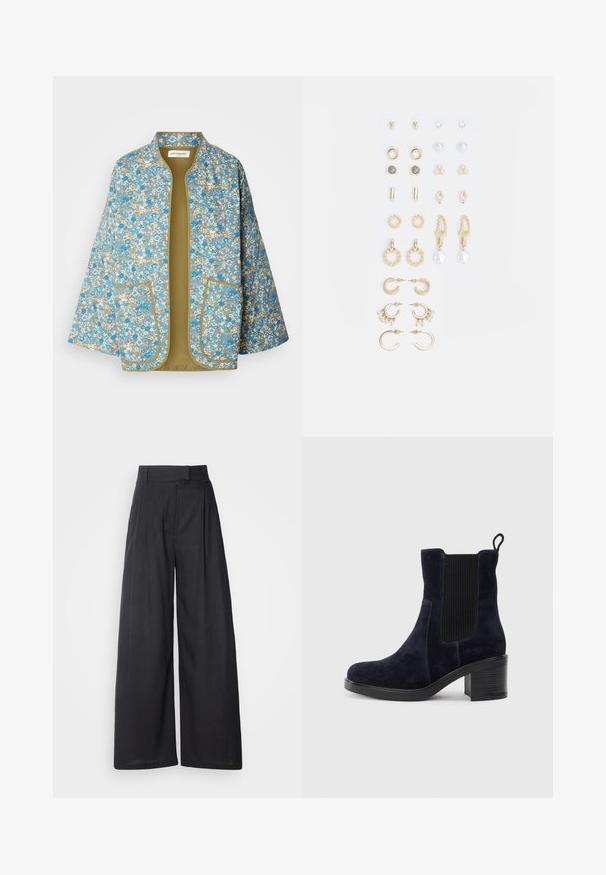 Jachetă cu model floral, prezentând flori albastre, albe și bej pe un fundal gri. Design cu deschidere frontală, cu două buzunare în față și căptușeală verde măslinie.; Două cămăși negre cu mâneci lungi și decolteu în V, fabricate dintr-un material moale și elastic, cu o textură netedă și o formă ajustată.; Pantaloni largi, de culoare închisă, cu un talie structurată și pliseuri. Confectionați dintr-un material ușor, cu o textură netedă și fără modele vizibile.; Botine din suede de culoare bleumarin, cu panou elastic pe lateral, vârf rotunjit și toc pătrat. Materialul texturat și talpa netedă oferă un contrast.; Set de cercei aurii, cu diverse designuri, inclusiv cercei tip stud, cercei hoop și cercei lungi cu perle și strassuri.