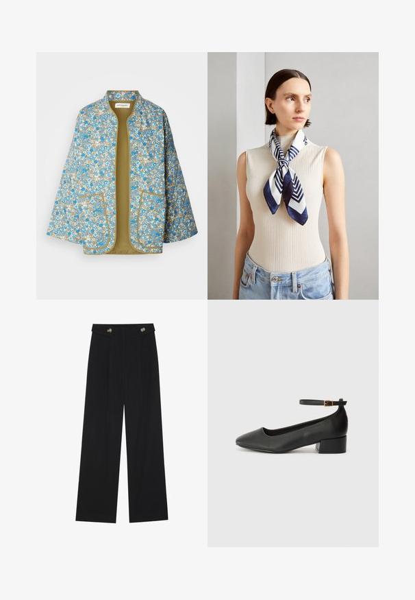Blomstrete jakke med blå, hvite og beige blomster på grå bakgrunn. Åpen frontdesign med to frontlommer og olivengrønn fôr.; Svart t-skjorte med rillete tekstur, rund hals med hvit bølget kant, og kortermede ermer med matchende bølgete detaljer.; Svart vide bukser med høy midje, knappdetaljer på midjebåndet og frontplisser.; Sorte skinnpumper med spiss tå og lav blokkhelt. Har ankelrem med gullfarget spenne. Glatt tekstur.; Silkesjal i marineblått og hvitt med et geometrisk sikksakkmønster. Glatt tekstur, pent bundet rundt halsen, som komplementerer en ribbestrikket topp.; Svart skinn toteveske med jevn tekstur, strukturert form, to håndtak og en fremtredende sølvspenne foran.