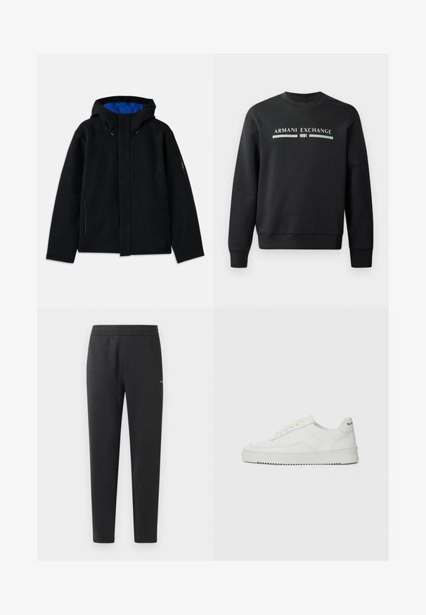 Casaco preto com capuz e interior azul, apresentando dois bolsos laterais com fecho de correr, um corte reto e ajustes por cordão no capuz.; Sweatshirt preto feito de tecido suave. Possui um decote redondo e mangas longas. A parte da frente exibe "ARMANI EXCHANGE" e "1991" em cores contrastantes.; Calças de treino pretas feitas de tecido suave, com um cós elástico, pernas retas e um pequeno detalhe de logotipo de um lado.; Sapatilha de couro branco com acabamento suave, bico redondo, atacadores planos e uma sola texturizada. Apresenta um logotipo discreto no calcanhar.