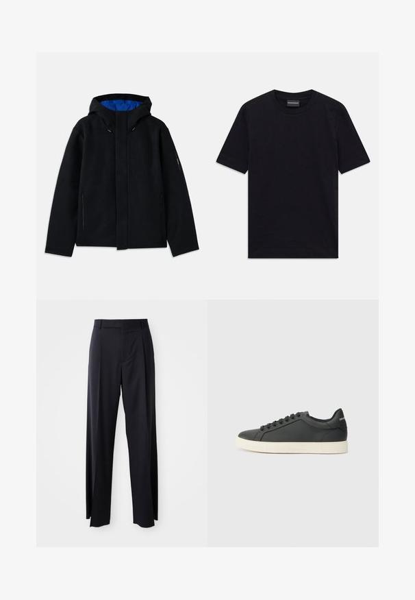 Casaco preto com capuz e interior azul, apresentando dois bolsos laterais com fecho de correr, um corte reto e ajustes por cordão no capuz.; T-shirt preto de manga curta com decote redondo, com um padrão embutido subtil e etiqueta da marca dentro do colarinho, deitado plano sobre um fundo branco.; Calças pretas de cintura alta, com corte amplo, feitas de um tecido suave. Apresentam pregas frontais e passadores para cinto. Design minimalista, sem hardware visível.; Sapatilha de couro preto com perfil baixo, bico arredondado e fecho de atacadores; apresenta uma sola de borracha texturizada e detalhe do logotipo no calcanhar.