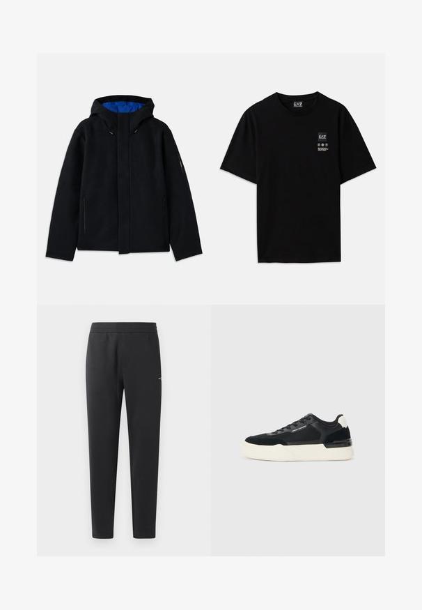 Melna kapuce jaka ar zilu iekšpusi, divi sānu rāvējslēdzēja kabatas, taisna griezuma un ar regulējamiem āķiem uz kapuces.; Melnas kokvilnas T-krekls ar īsām piedurknēm, apaļo kakla izgriezumu un nelielu logotipa birku priekšpusē ar baltiem apzīmējumiem par kopšanu.; Melni sporta bikses, kas izgatavotas no mīkstas auduma, ar elastīgu jostasvietu, taisnām kājām un nelielu logotipa detaļu sānos.; Melnas sporta kurpes, kas izgatavotas no sieta un ādas, ar biezām baltām zoles un kontrastējošiem akcentiem. Mežģīņu un logo detaļa sānos.