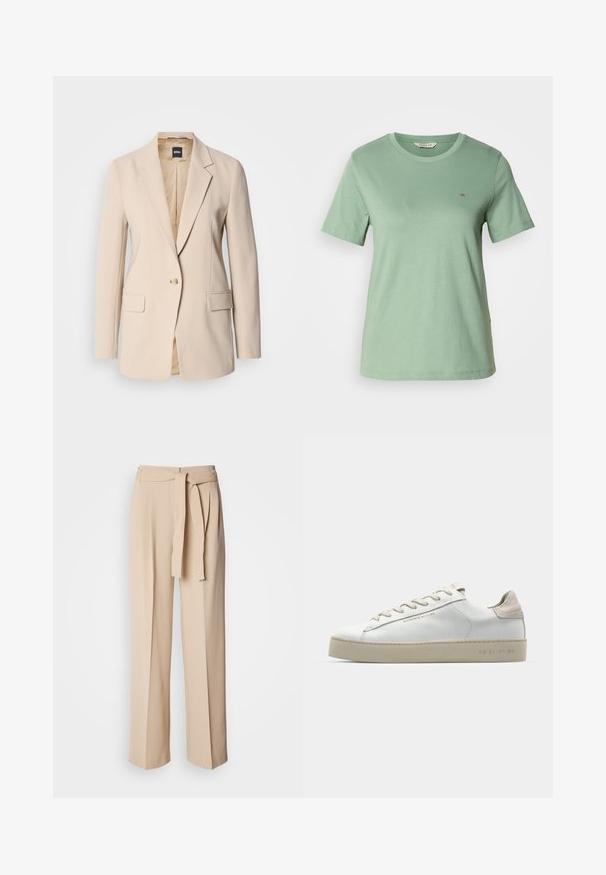 Smėlinis švarkas, pagamintas iš lygaus audinio, turintis vieną mygtuką, dvi priekines kišenes ir iškirptę su notch dizainu. Vidus smėlio spalvos.; Šviesiai žalia trumpomis rankovėmis marškinėliai, pagaminti iš minkštos medvilnės. Apvalus iškirpimas ir mažas siuvinėtas logotipas kairėje krūtinės pusėje. Lygus paviršius.; Kreminių spalvų aukštai talpinamos kelnės su rišamu diržu, plačiomis kojomis, glotnia medžiaga ir švelniu tekstūru. Priekyje yra klostės.; Balti odiniai sportbačiai su lygiu paviršiumi, šviesiai rudos suede akcentais, apvalia nosimi, plokščiu raištelių užsegimu ir tekstūruotu guma pagamintu padu.