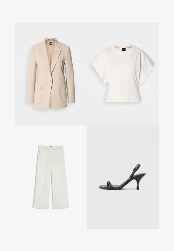 Beige blazer made of smooth fabric, featuring a single button closure, two front pockets, and a notched lapel design. Interior is tan.; White cropped T-shirt, short wide sleeves, soft cotton material, round neckline with subtle orange trim, minimal design, no patterns or graphics.; Wide-leg pants in light cream fabric, featuring side pockets, a flat front, and a single button closure at the waist. Smooth texture.; Black leather high-heeled sandals with a slim, curved heel and a crossed strap design. Adjustable ankle strap. Smooth texture.