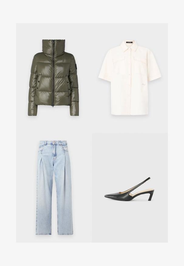 Daunenjacke in olivgrün, mit hohem Kragen, Frontreißverschluss und zwei Seitentaschen mit schwarzen Knöpfen. Glatte, glänzende Textur.; Kurzärmliges, cremefarbenes Hemd aus leichtem Stoff mit zwei Vorderaschen, knöpfbarem Design und kontrastierenden Nähten.; Helle blaue Denim-Jeans mit hoher Taille, weitem Beinschnitt, zwei seitlichen Taschen und gefaltetem Design. Weiche Textur mit einem ausgebleichten Finish.; Schwarzer spitz zulaufender Slingback-Schuh mit niedrigem Absatz, der aus glattem Leder gefertigt ist und seitliche Ausschnitte für Atmungsaktivität aufweist.