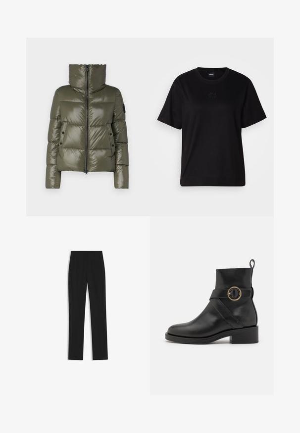 Doudoune olive, avec un col montant, fermeture éclair à l'avant et deux poches latérales avec des boutons noirs. Texture lisse et brillante.; T-shirt en coton noir avec un col rond, des manches courtes et un logo brodé sur la poitrine. Coupe simple et décontractée sans motifs.; Pantalon noir ajusté avec une coupe droite, doté de poches avant et d'un tissu lisse et texturé. Détails soignés et minimalistes.; BOSS IRYNA BOOTIE - Bottines à plateau - black