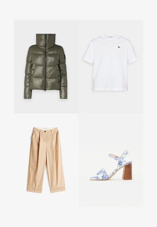 Giacca imbottita verde oliva, presenta un colletto alto, zip frontale e due tasche laterali con bottoni neri. Texture liscia e lucida.; T-shirt bianco in cotone con scollo rotondo e maniche corte. Caratterizzato da un logo ricamato verde sul petto. Tessuto morbido, vestibilità comoda.; Pantaloni beige a gamba larga realizzati in tessuto leggero, con pieghe frontali, chiusura con bottone e risvolti. Texture liscia con una vestibilità su misura.; Sandal con stampa floreale blu, con punta quadrata, una larga fascia e una cinghia alla caviglia regolabile, dotata di un tacco a blocco in legno texturizzato.