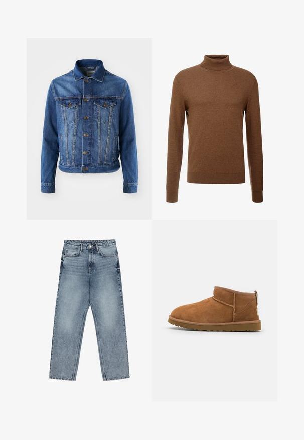 Blå denimjakke med knapplukking, to brystlommer og en klassisk krage. Stoffet har en lett falmet tekstur.; Brun turtleneck genser laget av myk stoff, med lange ermer, ribbestrikkede mansjetter og en tettsittende design uten synlige mønstre.; Lys blå denimjeans med rett benkutt, synlige sømmer, fem lommers design og knappelukking i livet.; Tan semsket ankelstøvel med rund tå, subtile stikninger og en teksturert gummisåle. Kort høyde uten snøring.