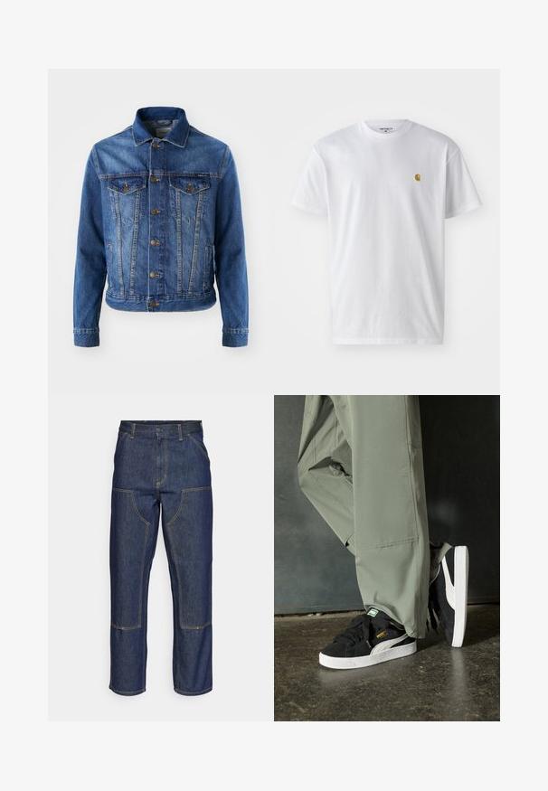 Blå denimjakke med knapplukking, to brystlommer og en klassisk krage. Stoffet har en lett falmet tekstur.; Hvit bomull t-skjorte med korte ermer, rund hals, med en liten gulllogo på venstre brystområde. Myk tekstur og vanlig passform.; Mørkeblå denimjeans med høy midje, rette ben, kontrasterende sømmer og lommer på forsiden.; Sorte semskede sneakers med hvite gummisåler og sidestiper, sammen med lysegrønne cargo-bukser, står på en teksturert mørk overflate.