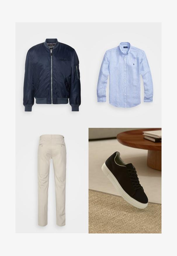 Giacca bomber blu navy realizzata in nylon liscio, con chiusura a zip frontale, tasche laterali, polsini a coste e una tasca sulla manica con zip.; Camicia a maniche lunghe a righe bianche e blu in cotone, con colletto button-down, bottoni frontali e un piccolo logo ricamato sul petto.; Pantaloni beige con una texture liscia, taglio dritto, due tasche posteriori con bottoni e vita standard.; Sneaker nero con suola bianca che flotta sopra un tappeto beige testurizzato vicino a un tavolo rotondo in legno con libri impilati.