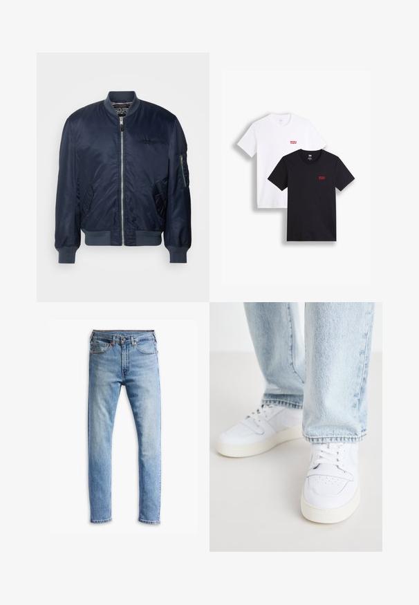 Navy blue bomber jacket made of smooth nylon, featuring a zipper front, side pockets, ribbed cuffs, and a sleeve pocket with a zipper.; Two short-sleeve t-shirts: one white and one black. Both made of cotton with a red Levi's logo on the chest. Simple crew-neck design.; Light blue denim jeans with a straight-cut design, five pockets, button closure, and subtle fading across the fabric.; White leather low-top sneakers with perforated toe, flat laces, and minimalistic design. Paired with light blue denim jeans.