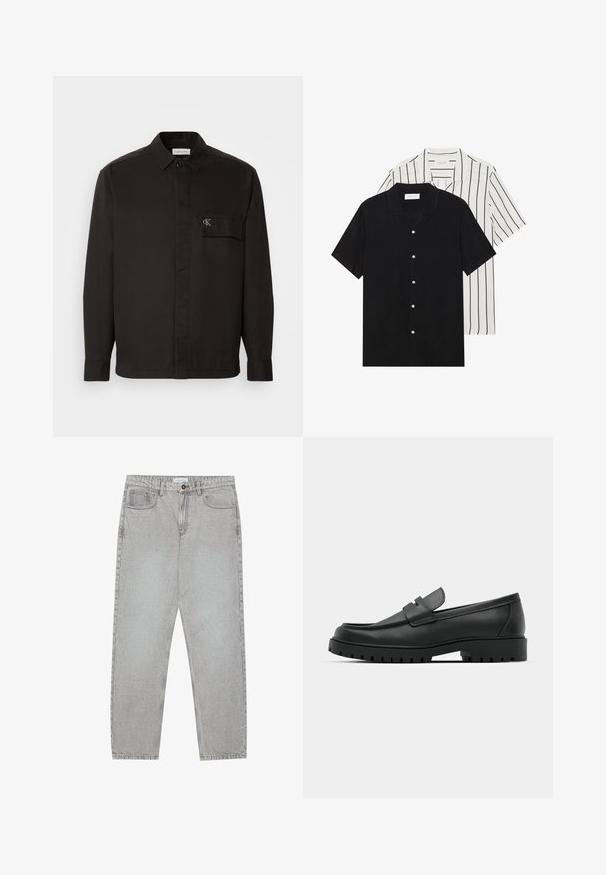 Black shirt in smooth fabric, featuring a button-up front, collar, and a chest pocket with stitched logo. Straight cut and long sleeves.; Two short-sleeve shirts: one solid black, one white with black vertical stripes. Both feature button closures and a classic collar.; Light grey denim pants with a straight-leg design, five-pocket styling, and a button closure. Visible stitching along the seams.; Black leather loafers with a rounded toe, featuring a stitched design, low platform sole, and a textured, lugged rubber outsole.