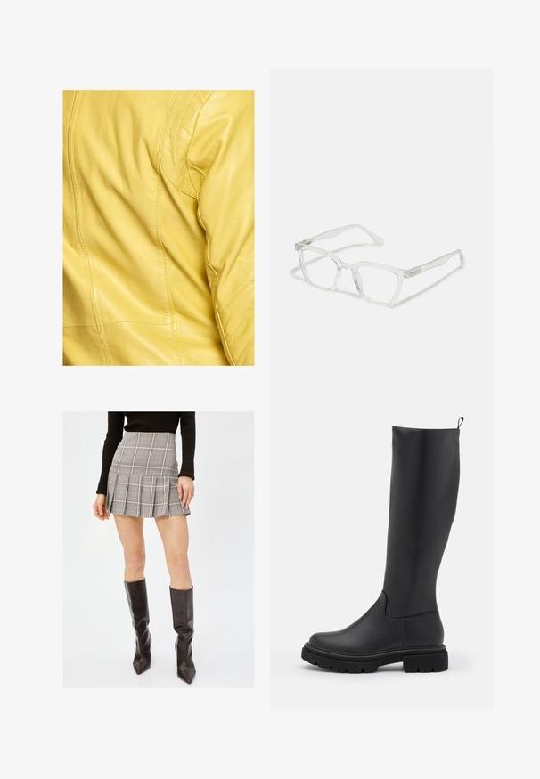 Gelbe Lederjacke mit glatter Textur, auffälligem Nähen und taillierten Nähten. Verfügt über ein figurbetontes Design und keine sichtbaren Beschläge.; Gekürzter schwarzer Strickpullover mit strukturiertem Stoff, Rundhalsausschnitt und locker sitzenden langen Ärmeln.; Grau karierten Minirock mit Falten, der vertikale und horizontale Linien in Schwarz, Weiß und Rot aufweist. Kombiniert mit schwarzen kniehohen Stiefeln.; Schwarzer kniehoher Stiefel aus glattem, mattem Material mit einer massiven Sohle, runder Zehe und einer Ziehlasche an der Oberseite für einfaches Anziehen.; Klare rechteckige Brille mit transparenten Rahmen und geraden Bügeln. Mit dezenten Details an den Schläfen. Leichtes Design.; Schwarze Leder-Hobo-Tasche mit einer weichen, geschwungenen Form. Sie verfügt über einen breiten Oberhandgriff und Falten an der Basis für eine lässige Textur.