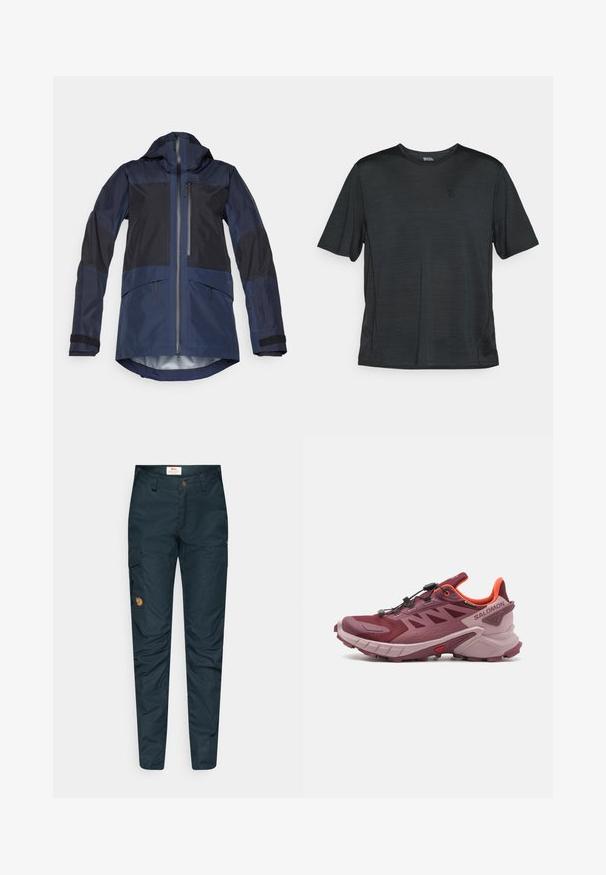 Navy outer jacket with a hood, featuring contrasting dark panels, front zip, side pockets, and adjustable sleeves. Waterproof material.; Black short-sleeve athletic shirt made of lightweight, moisture-wicking fabric. Features a round neck and a small logo on the chest.; Navy blue cargo pants with a button closure, featuring a side pocket and a small logo patch. Made from durable fabric with a smooth texture.; Trail running shoe in burgundy and pink. Features a mesh upper, lightweight sole, and dynamic traction with visible lugs. Elastic lacing system included.