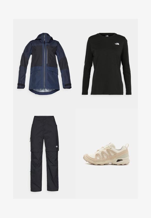 Mornarska zunanja jakna s kapuco, ki ima kontrastne temne panele, sprednji zadrgo, stranske žepe in nastavljive rokave. Vodoodporen material.; Črna majica z dolgimi rokavi iz bombaža z okroglo izrezom. Ima majhen bel logotip na levem prsnem delu. Enostaven dizajn in prileganje.; Črne najlon hlače z zipom, ki se lahko odstranijo, s prilagodljivimi manšetami, več žepi in logotipom na desni nogi. Gladka, lahka tekstura.; Bež in krem športni čevlji z teksturiranim mrežastim zgornjim delom, podpornimi prekrivali in gumijastim podplatom z vzorcem za oprijem.