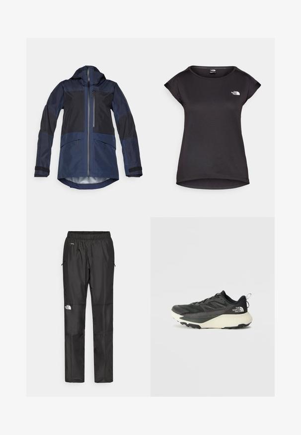 Tengerészek által inspirált külső dzseki kapucnival, kontrasztos sötét panelek jellemzik, elöl cipzárral, oldalsó zsebekkel és állítható ujjakkal rendelkezik. Vízálló anyagból készült.; The North Face TANKEN TANK - Sportfelső - black; Fekete vízálló nadrág könnyű anyagból, rugalmas derékkal, oldalsó zsebekkel és logóval a bal lábon.; Fekete sportcipő, texturált felsőrésszel, szürke kiegészítőkkel és fehér középtalppal. Húzófüllel és kiemelkedő márkalandírral a sarkán.
