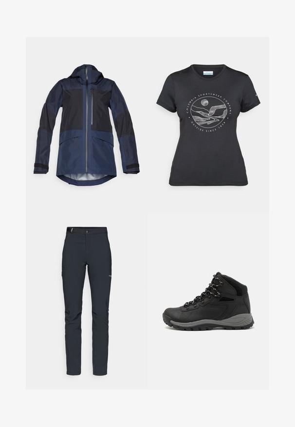 Marine buitenjas met capuchon, voorzien van contrasterende donkere panelen, frontale rits, zijzakken en verstelbare mouwen. Waterdicht materiaal.; Zwarte Columbia t-shirt met witte cirkelvormige lijntekening van bergen en een rivier en de tekst "Columbia Sportswear Company Outside Since 1938."; Heren buitenbroeken, donkergrijs, gemaakt van flexibel materiaal, met een riem, ritszakken en verstevigde stiksels.; Zwarte wandelschoen met een mid-top ontwerp, voorzien van een gestructureerde bovenkant, grijze accenten en een duurzame rubberen zool met gripnoppen.