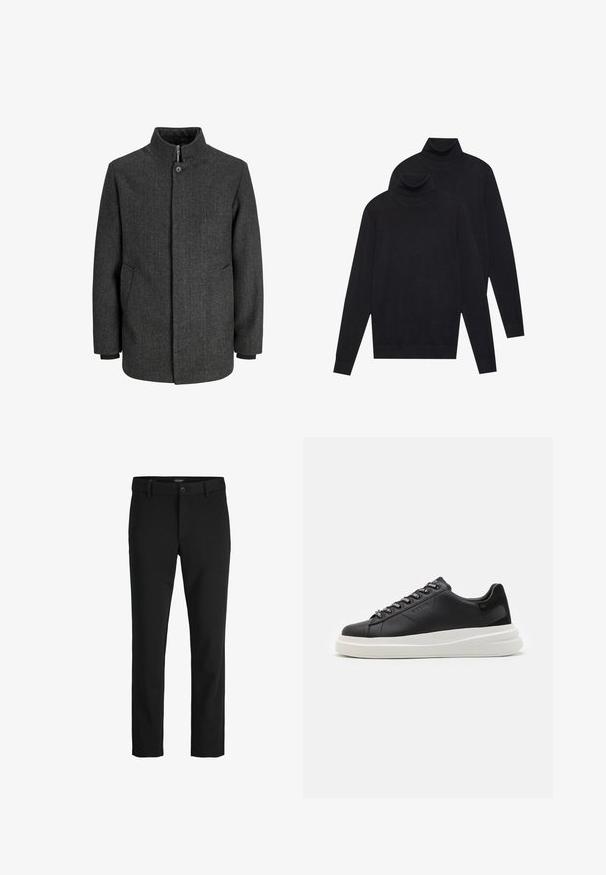 Grijze visgraatjas met een hoge kraag, rits- en knoopsluiting, zijzakken en gebreide manchetten. Textured stof met een klassiek ontwerp.; Twee zwarte, lange mouwen coltruien, eenvoudig gebreid, gestapeld met de één iets achter de ander op een witte achtergrond.; Zwarte broek van gladde stof, met een klassiek ontwerp, rechte snit, sluiting met een voorknop en zijzakken.; Zwarte leren sneakers met een witte rubberen zool, voorzien van platte veters en gemerkte oogjes. Zachte textuur met een contrasterende zijaccent.