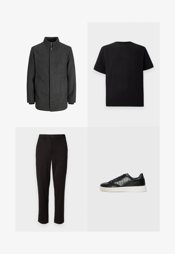 Cappotto grigio a spina di pesce con colletto alto, chiusura con zip e bottoni, tasche laterali e polsini in maglia. Tessuto testurizzato con un design classico.; T-shirt corto nero a maniche corte realizzato in tessuto testurizzato, con scollatura rotonda e vestibilità comoda. Semplice, senza motivi o dettagli.; Pantaloni neri in tessuto leggero, con gamba dritta, chiusura frontale con bottone, passanti per cintura e tasche laterali.; Sneaker nere con una toma superiore in pelle con effetto croc embossato, punta rotonda e suola in gomma bianca a contrasto con una finitura liscia.