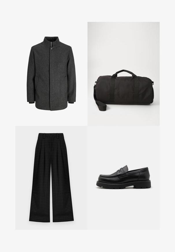 Šedý kabát s herringbone vzorem, vysokým límcem, zipem a knoflíkovým zapínáním, bočními kapsami a pletenými manžetami. Texturovaná tkanina s klasickým designem.; Černé bavlněné tričko s kulatým výstřihem, krátkými rukávy a texturovaným oválným logem v tmavším odstínu na hrudi. Červená značka na límci.; Černé kostkované kalhoty s širokými nohavicemi a sklady, s hladkým povrchem a klasickým designem. Lehká tkanina pro pohodlí.; Černé kožené mokasíny s kulatou špičkou, texturovanými akcenty na přední části a chunky gumovou podrážkou s drážkami pro lepší přilnavost.; Černá sportovní taška vyrobená z odolné látky, s dvěma horními uchy, odnímatelným ramenním popruhem a hladkým, zaobleným tvarem.